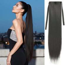 18-32 英寸黑色丝带马尾辫接发合成耐热假发，适合日常和节日使用的马尾辫发饰