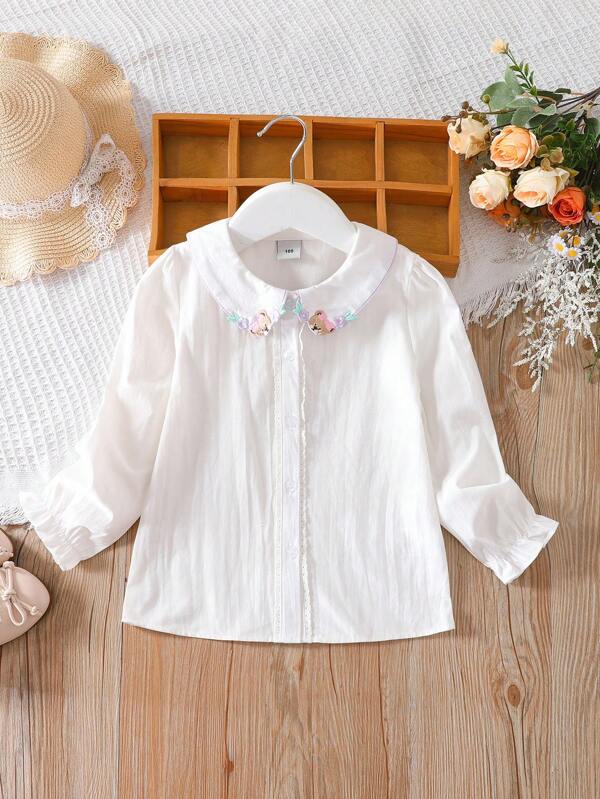 Camicia casual a maniche lunghe da ragazza in cotone con ricamo di orsetto cartoni animati e pizzo