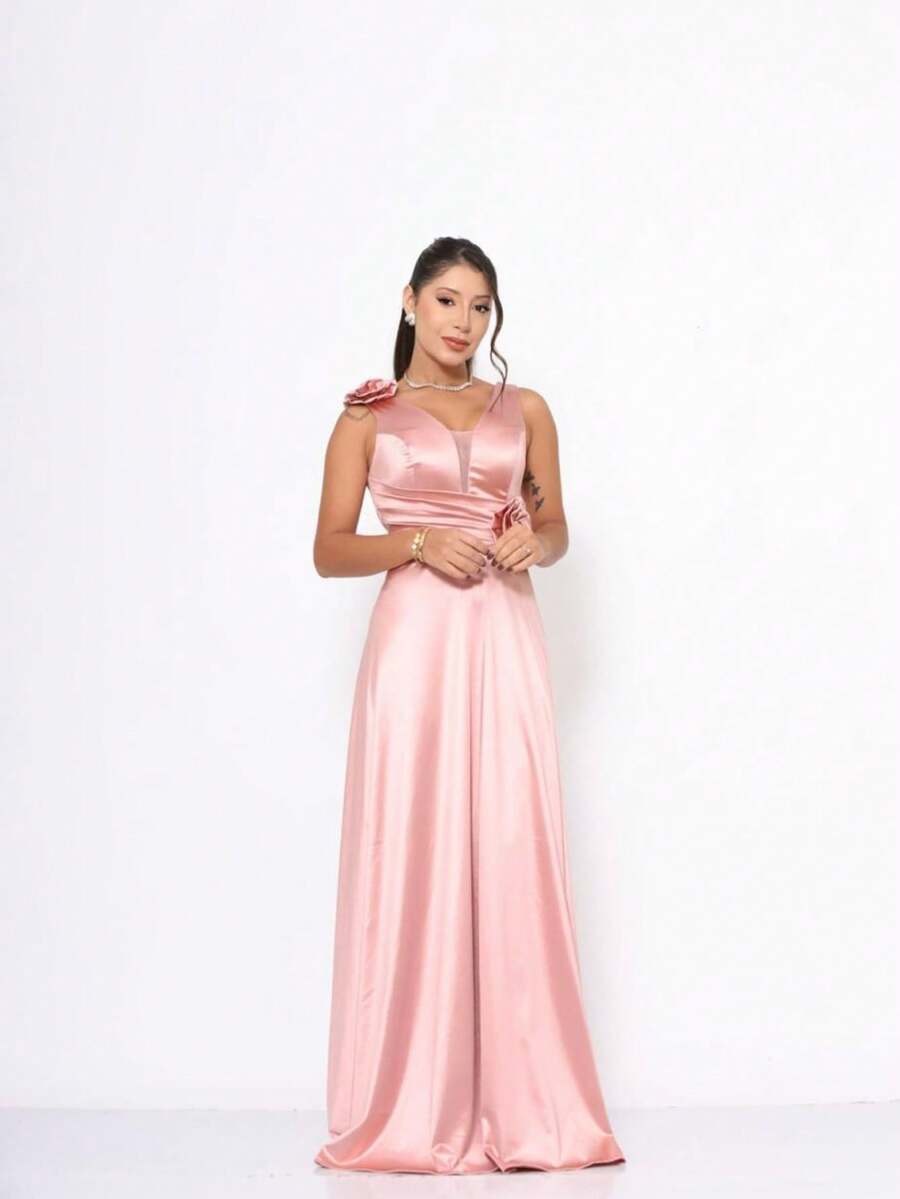 Long Satin Bridesmaid Dress With Flower Detail - Rusty Rose - View 1