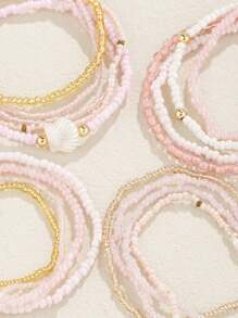 17pcs Women's Boho Style Glass & Seed Beaded Pink Layered Bracelets