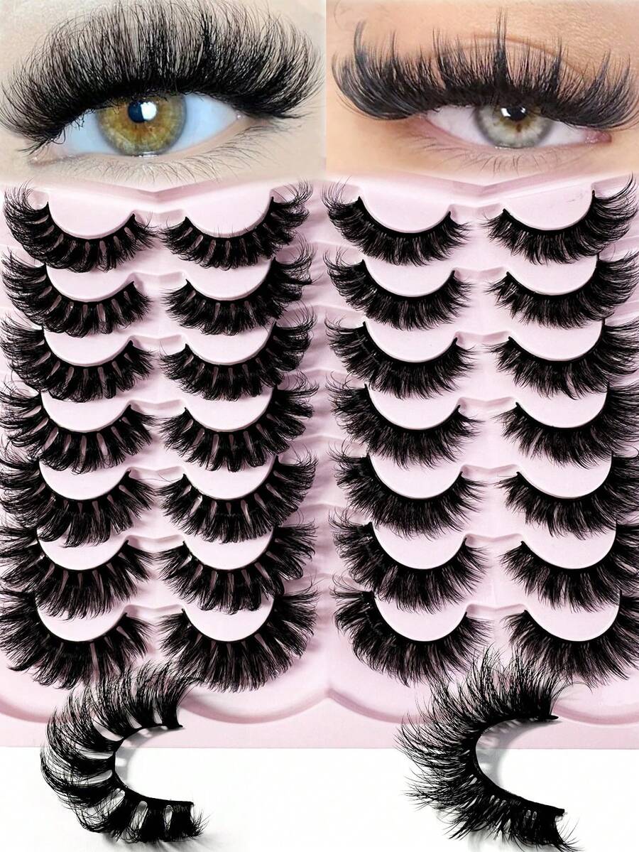 LYBCG 14pairs Mix 2 Different Styles 10-23mm Cat Eye Lashes Fluffy Faux Mink Lashes 8D Wispy Lashes Pack Dramatic Long Thick Volume Eyelashes Halloween Cosplay Manga False Eyelas - 黑色 - 查看 1