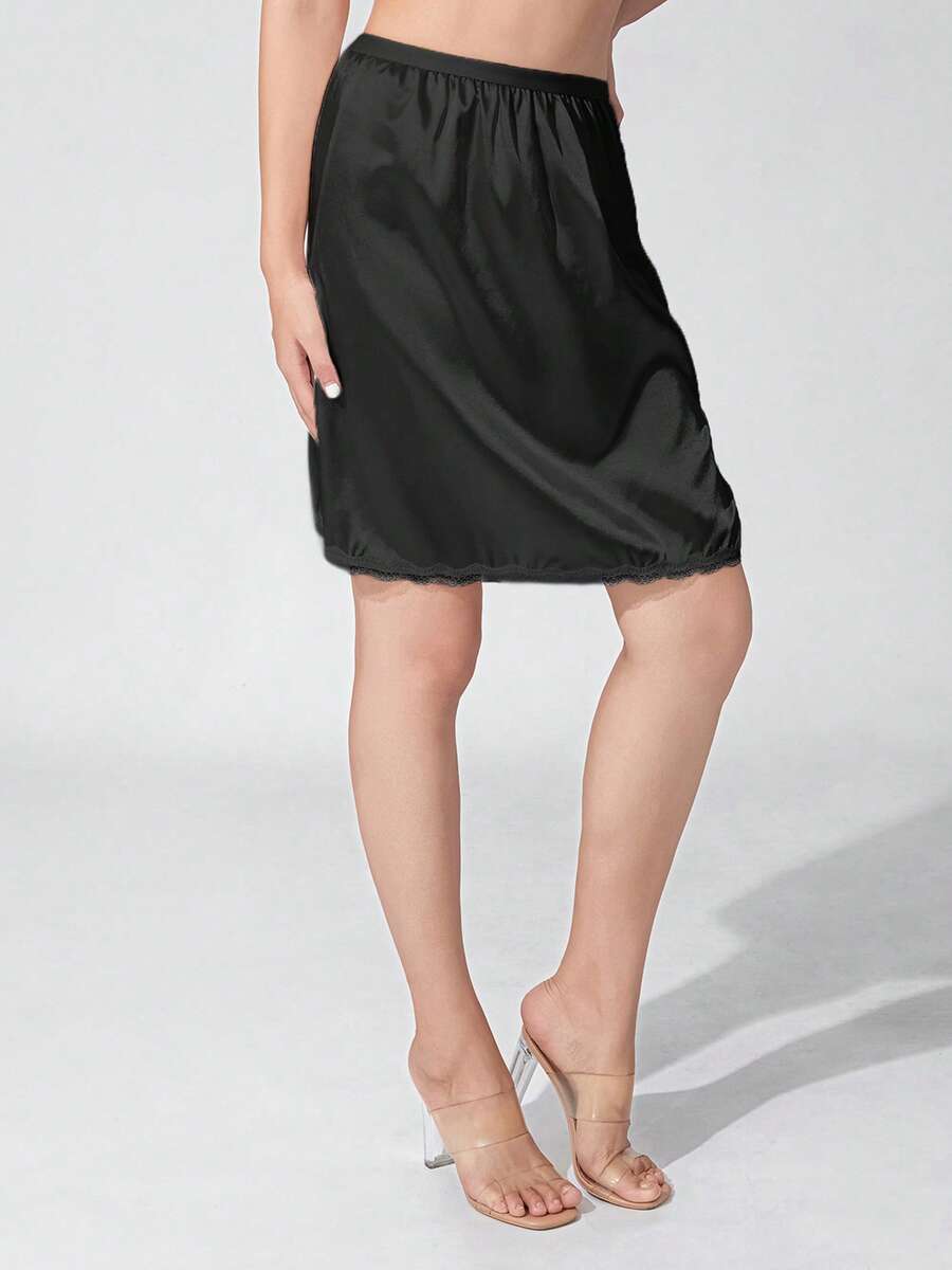 Half Slip Lace Long Underskirt Women's Satin Half Slip Split Half Slips For Under Dresses Slip - màu đen - Xem 1