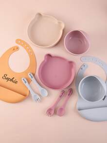 5PCS Personalized Customization Name Baby Silicone Tableware Sets Cartoon Bear Shape Plate Waterproof Bib Soft Spoon Fork Suction Bowl Custom Dinner Set - Multicolor - View 3