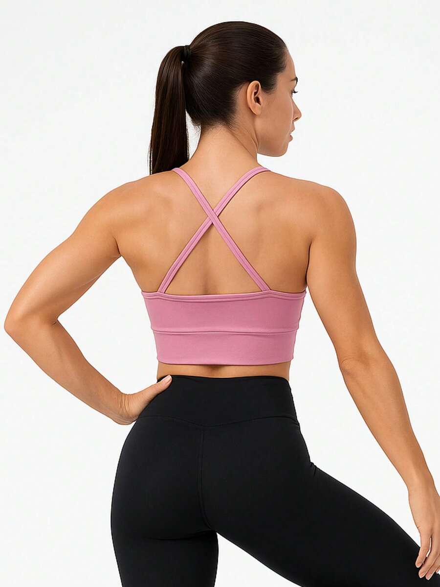 Fitness Strappy Top With Crossover At The Back, Zero Transparency Cropped Lined - Rosa Oxidada - Ver 1