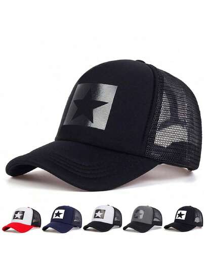 1 件男士星星印花棒球帽，可调节五角星卡车司机帽，休闲防晒帽，适合春季、秋季郊游、旅行、海滩、派对