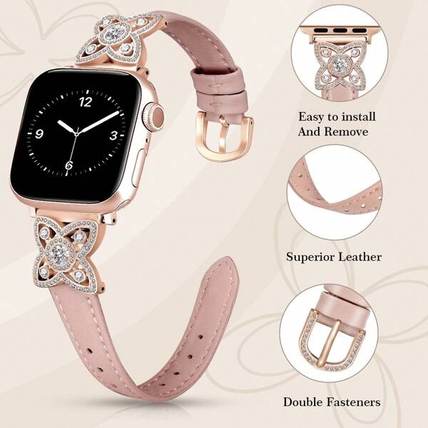 Women's Leather Band For Apple Watch 38mm 40mm 41mm 42mm 44mm 45mm 46mm 49mm - Ultra Thin Exquisite Sweat-Proof Comfortable - Simple Elegant Fashion Cute - Rose Flower Diamond Design - Perfect For Business/Dating/Wedding/Pary/Daily Wear - Ideal Women's Gift - Premium Replacement Band Accessories