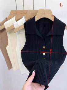 1 pieza Polo de punto sin mangas con cuello falso de ajuste corto para mujer con botones dorados, negro, blanco, albaricoque, rosa, morado