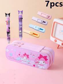 Sanrio Set de 7 piezas - Estuche/caja de lápices de gran capacidad de doble capa de Sanrio, que incluye 1 caja de artículos de papelería, 2 bolígrafos, 4 gomas de borrar de presión, Set de caja de artículos de papelería de Kuromi, un gran regalo para volver a la escuela para niños