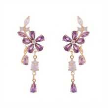 Sweet Purple Flower Pendant Earrings, High-End Tassel Earrings, Women's Jewelry, Fashionable Women's Essential Items, Suitable For Daily Wear - Màu tím - Xem 4
