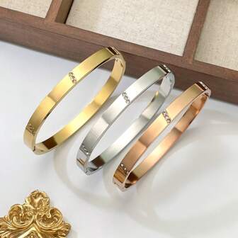 3pcs Fashion Minimalist & Versatile Delicate Luxurious Elegant Mature Rhinestoned Stainless Steel Bracelet Set, Suitable As Gifts For Girlfriend Or Best Friends