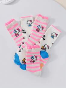 Sanrio 3/6/9 Pares de Meias Femininas com Listras, Xadrez, Renda, Estampa do Personagem Sanrio Hello Kitty, Estilo Fofo e Doce de Escola, Respiráveis, Cano Médio, Adequadas para Todas as Estações