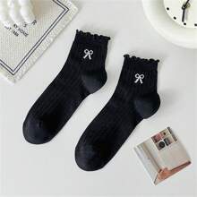 5 pares de calcetines de algodón fino hasta la rodilla para mujer con diseño de lazo, para primavera y verano