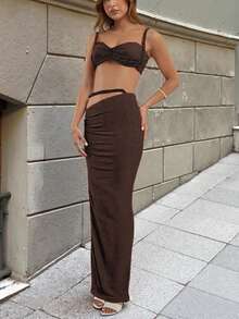 性感露背吊带背心和百褶裙套装，夏季度假装，性感度假连衣裙 - 咖啡 - 查看 5