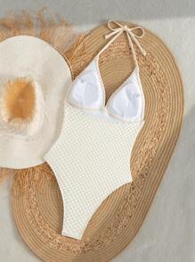 Traje de baño de una sola pieza de verano para mujer, informal, con cuello de halter, tirantes fino, decoración con cuentas, tela especial, adornado con estrellas de mar y flecos, y volantes (la colocación de la decoración con flecos es aleatoria)