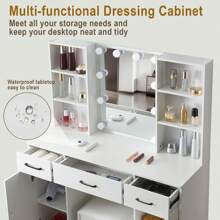 Dressing Table Stool Set Makeup Mirror LED Light Vanity Desk 3 Drawer - Makeup Desk Vanity Set For Bedroom - White