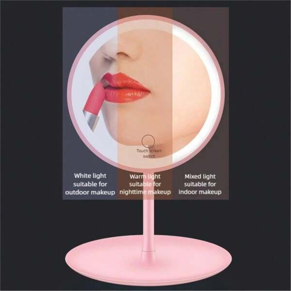 Rechargeable LEDMakeup Mirror With Touch Control, 3 Light Colors, High-Definition, Portable Vanity Mirror, Lithium Battery , Dresser Mount Design, Plastic Frame, Unscented, Polished Finish For Dorms & Offices & Journey,500mAh