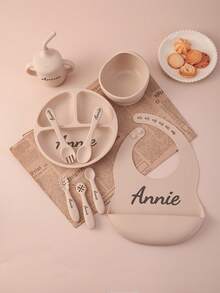 9PCS Personalized Customization Name Baby Silicone Tableware Dinner Sets Mini Utensils Suction Plate Bowl Sippy Cup Portable Spoon Fork Adjustable Bib, Baby Shower Gift, Self-Feeding Set - Multicolor - View 5
