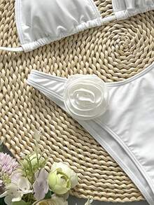 Solid Color Elegant Backless Floral Applique Beach Bikini Set