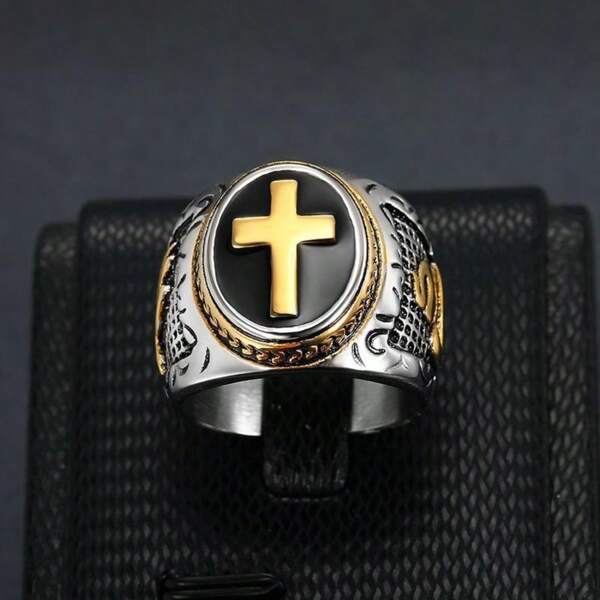 Man Signet Ring Hand Of God Prayer Ring Enameled Enamel Rings With Holy Cross For Men, Size 6-13, Symbol Ring For Men