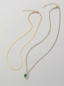 2 piezas Elegante collar colgante con piedra preciosa de circonita cúbica verde y cadena de hueso de serpiente, para usar en capas sobre suéter, regalo para amantes