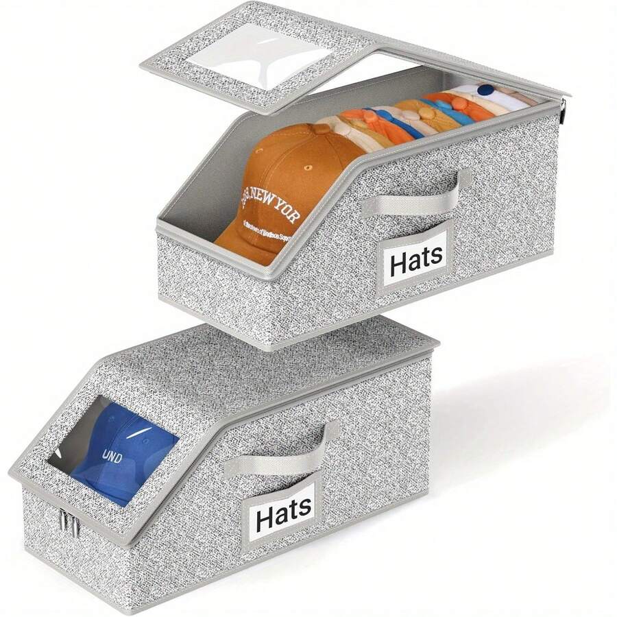 1/2-Piece Stackable Baseball Cap Organizer, Multi-Functional Storage Artifact, Maximum Capacity 24, Closet Specific, Unisex Durable Gray Box With Cardboard Lining - Grey - View 1