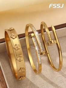3 Stücke 18 Karat vergoldetes Edelstahl 3D 5-Blätter Blumen Armband, 4-Blätter Blumen Nieten Armband, kubischer Zirkonia Doppelkopf Nieten Armband, wasserdicht und verblassungsresistent, Geschenk für Mädchen, Frauen, Verwandte, Freunde, schöne Hochzeit, Geburtstag, Valentinstag, Mutter, Muttertag