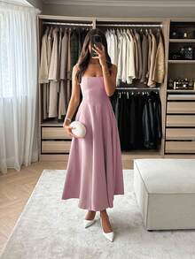 Floreya Solid Color Casual Elegant Woven Fabric Zipper Closure Dress, Suitable For Evening Date, Party, Wedding, Spring/Summer Pink - Pink - View 3
