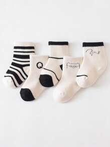 5 Pairs Of Socks For Boys And Girls Aged 0-8, In Spring, Summer, And Autumn. Baby Socks, Black And White Socks
