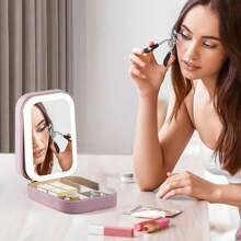 YTWO Travel Cosmetic Mirror Case,LED Makeup Mirror Storage Case With 3 Adjustable Color Light Settings,Portable LED Makeup Bag With Light,Multi-Compartment Storage Box,Cosmetic Organizer, For Eyelash Station Brushes Cosmetic Tools ,On-The-Go Makeup Needs,2 In 1 Jewelry Box,For Girls Women And Travel Essential To Store Ring, Necklace, Earring