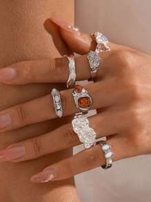 9Pcs Y2K Crystal Rings Kpop Heart Adjustable Ring Asymmetric Geometry Punk Vintage Rings Set For Women Girls New Fashion Jewelry