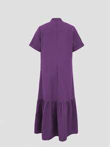 Spring/Summer New Fashion Casual Stand Collar Short Sleeve V-Neck Open Front Loose Maxi Dress For Women Elegant - Purple - View 3