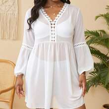 Slaydiva Summer Beach Plus Size Women's Lace Patchwork Flare Sleeve Cover Up Dress - White - View 2