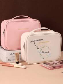 1pc Personalized Floral & Name Design Large Capacity Detachable Makeup Bag, With Free Compartments For Washing & Trimming, Waterproof Portable Organizer Bag With Separate Sections