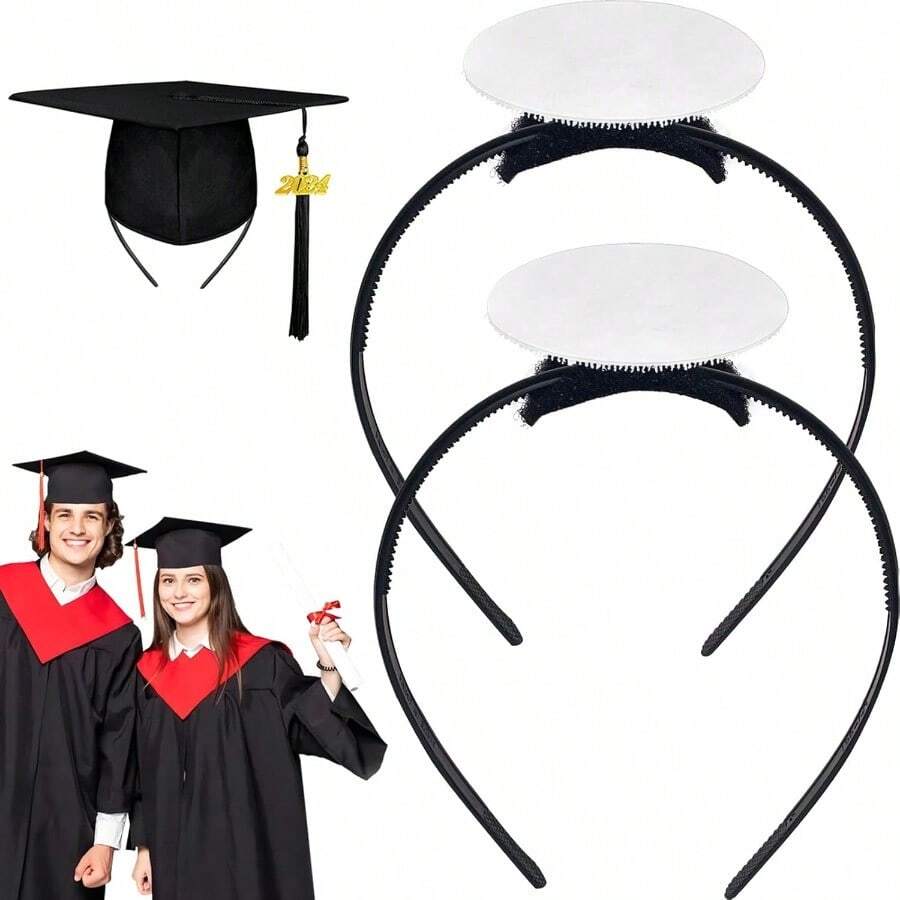 2 Pack Graduation Cap Headband Grad Cap Head Band Insert With Hook And Loop Sticker Graduates Essential Hairband For Securing Graduation Hat - Black - View 1