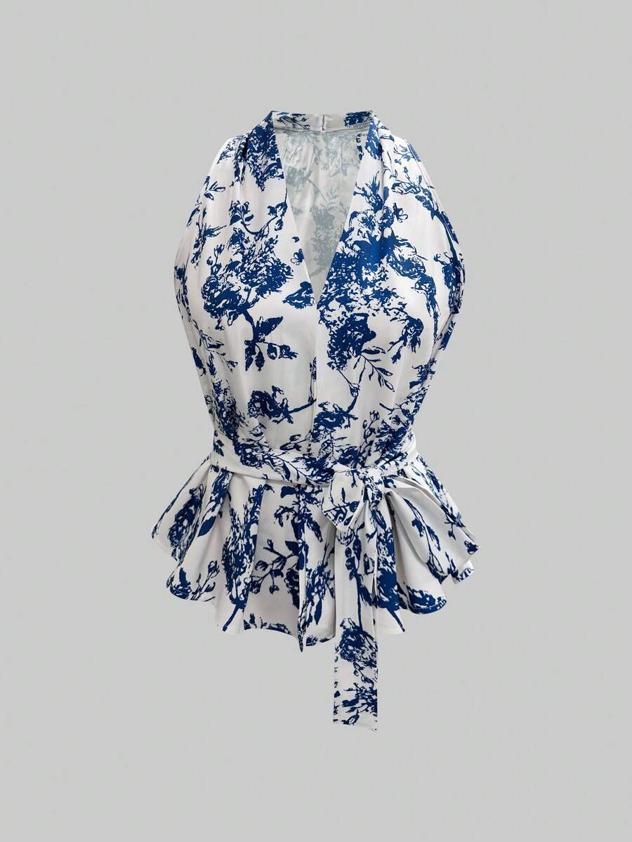 Top sin mangas de tirantes con escote en V y estampado floral para mujeres, nuevo diseño versátil para el verano - Azul - Ver 1