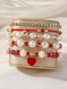 5 Stücke Set Damen Perlenarmband mit Herzanhänger, Strass-Gummiband-Armband, elegantes Perlenarmband, Alltagszubehör