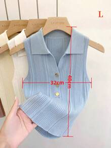 1 pieza Polo de punto sin mangas con cuello falso de ajuste corto para mujer con botones dorados, negro, blanco, albaricoque, rosa, morado