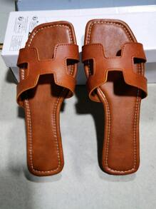 2025 Summer New H-Type Fashionable Flat Sandals, Casual Simple Outdoor Beach Slippers For Women, Solid Color, PU Leather, Casual Elegant For Beach, Office, Home, Party, Summer