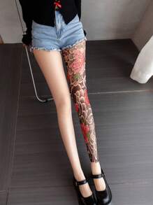 1 Pair Of Spring And Summer Flower Legs Stockings 360-Degree Tattoo Printed Socks For Women, High-Quality Colorful Tattoo Domineering Pantyhose