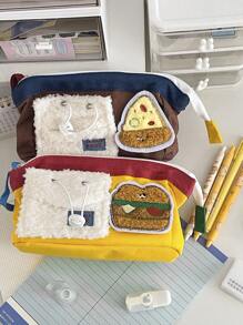 Bleistifteetui aus weichem Stoff mit Teddy Bär- und Burger-Design, einfache und süße Cartoon Reißverschlusstasche, Schülermäppchen mit abnehmbarem Klettverschluss, tragbarer Büroorganizer, Rückkehr zur Schule, Schulmaterial, Federmappe, Schultasche
