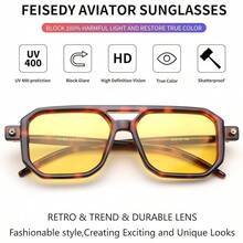 Lentes de sol Cuadrado Mujeres Hombres, Gafas de sol Elegante Marco Retro Clásico UV400 - 032 Montura leopardo y lentes amarillos - Ver 5