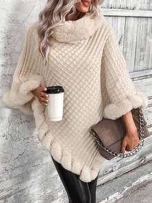 1pc Women's Elegant Solid Color Patchwork Fluffy Oversized Poncho Sweater For Dress