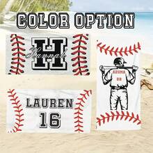 1 Toalla de playa personalizada con tema de béisbol - Nombre personalizado y diseño de equipo, de poliéster de alta calidad, toalla rectangular grande con pespunte y silueta de jugador, ideal para piscina, camping, viajes y yoga, toalla de playa personalizada - Multicolor - Ver 2