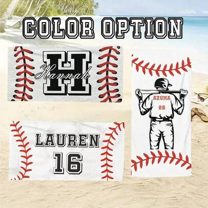 1 Customized Baseball Themed Beach Towel - Personalized Name And Team Design, High-Quality Polyester, Large Rectangle Towel With Stitching And Player Silhouette, Ideal For Swimming Pool, Camping, Travel And Yoga, Personalized Beach Towel