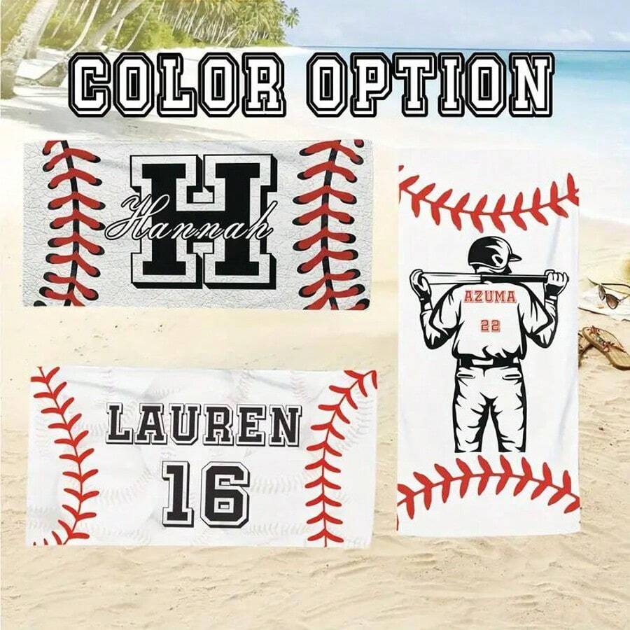 1 Toalla de playa personalizada con tema de béisbol - Nombre personalizado y diseño de equipo, de poliéster de alta calidad, toalla rectangular grande con pespunte y silueta de jugador, ideal para piscina, camping, viajes y yoga, toalla de playa personalizada