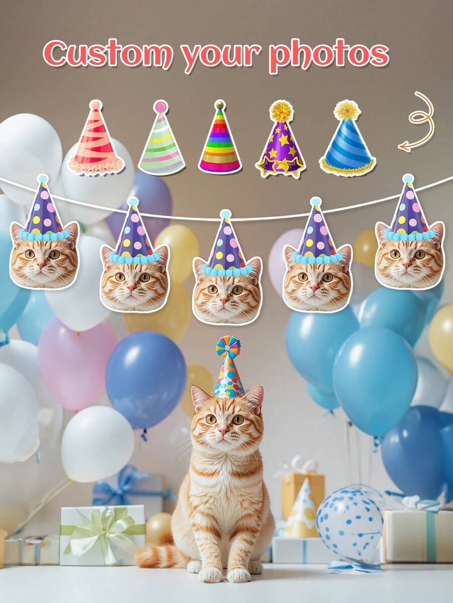 定制人脸照片横幅生日帽，个性化生日派对装饰，定制装饰，人脸横幅，派对背景，定制猫咪宠物生日横幅，多种皇冠帽可选。多种生日帽图片可选，定制人脸照片横幅，个性化生日横幅，定制标牌，单身派对，生日横幅，20岁，30岁 - 彩色 - 查看 1