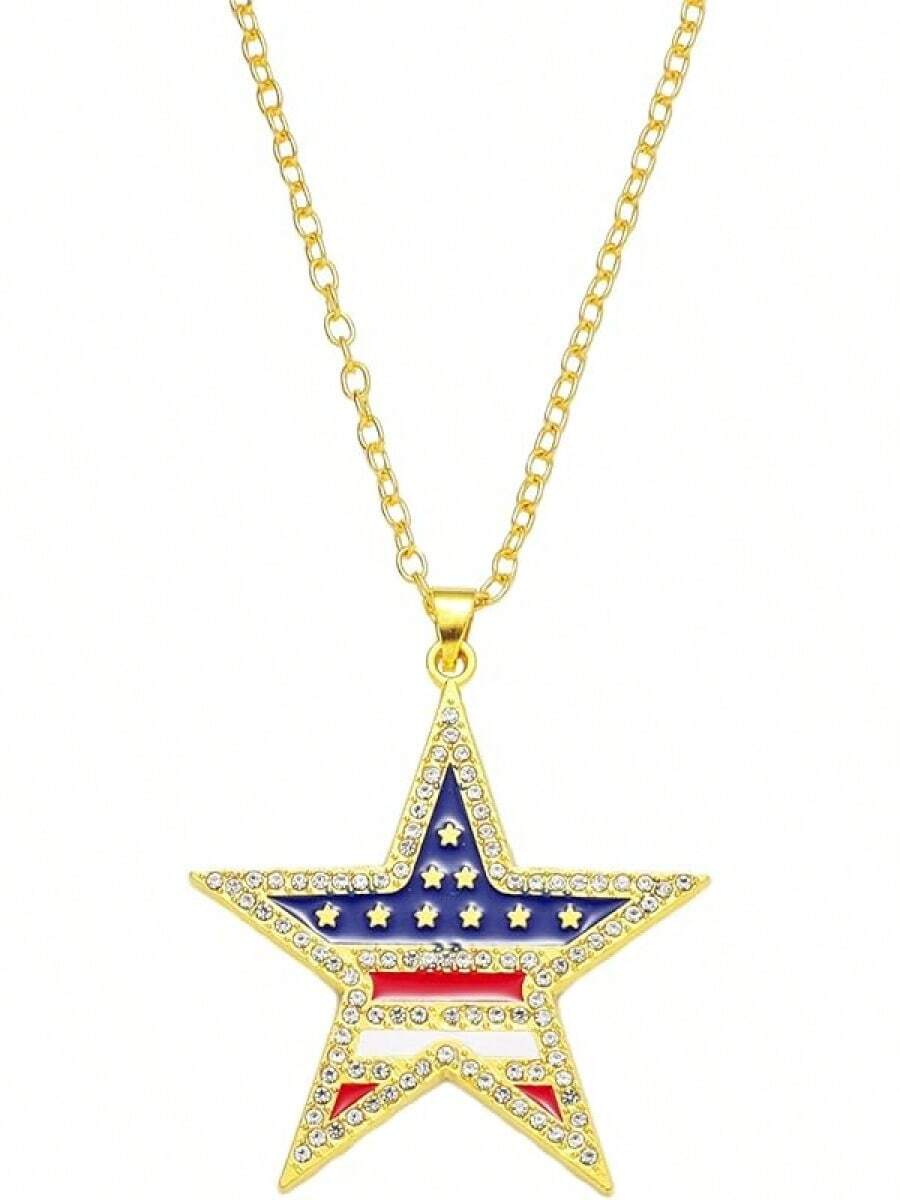 4th Of July Necklace Patriotic Rhinestone Red Blue White American Flag Enamel Stars Heart USA Flags Sparkly Crystal CZ Pendant Necklace For Men Women Independence Memorial Day Fourth Of July Jewelry Gifts2025 - 星星項鍊 - 查看 1