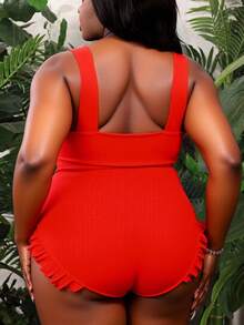 Slaydiva Plus Size Solid Front Tie Wide Strap One-Piece Swimsuit For Summer Beach Vacation