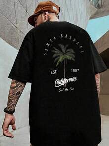 Camiseta de manga corta con estampado de árbol de coco y letras para hombres de talla grande, estilo emo - Albaricoque - Ver 8