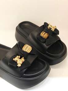 Revreal Black Platform Slides With Bow Accent Cute Basic Beach Casual Leisure Outdoor - Black - View 3